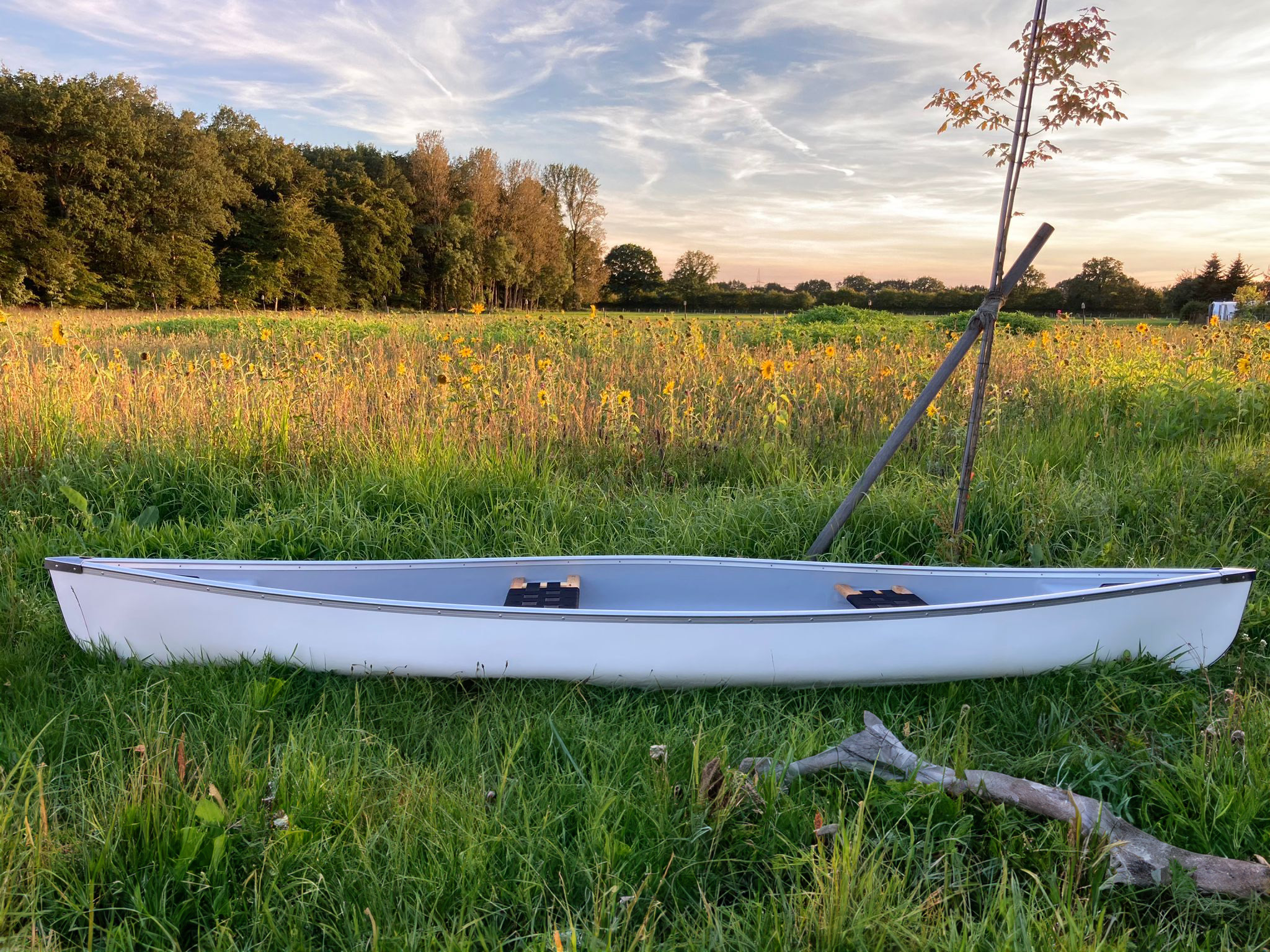 DL 2 Kanu auf Wiese zu Verkauf Weisses Kanu auf Wiese